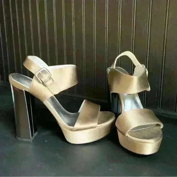 Stuart Weitzman Shoes - $498 Stuart Weitzman Beige PARTISAN Satin Block Mirror Heel Sandals Size 6